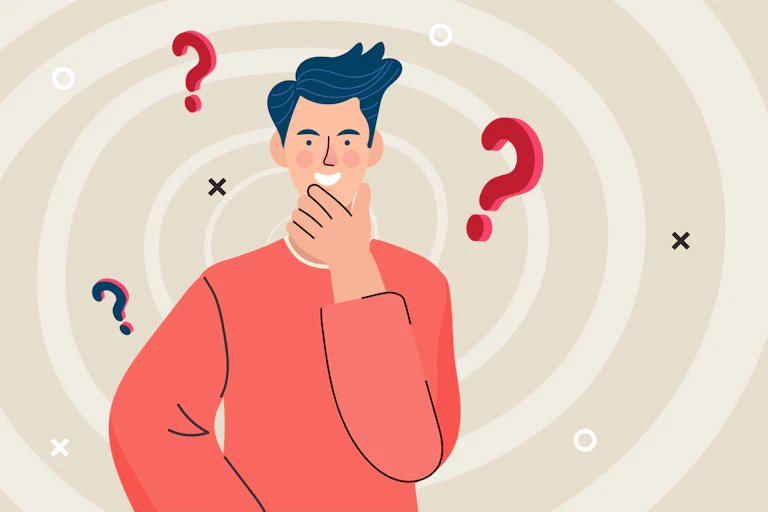 Illustration of a young man looking puzzled with question marks floatiing around his head.
