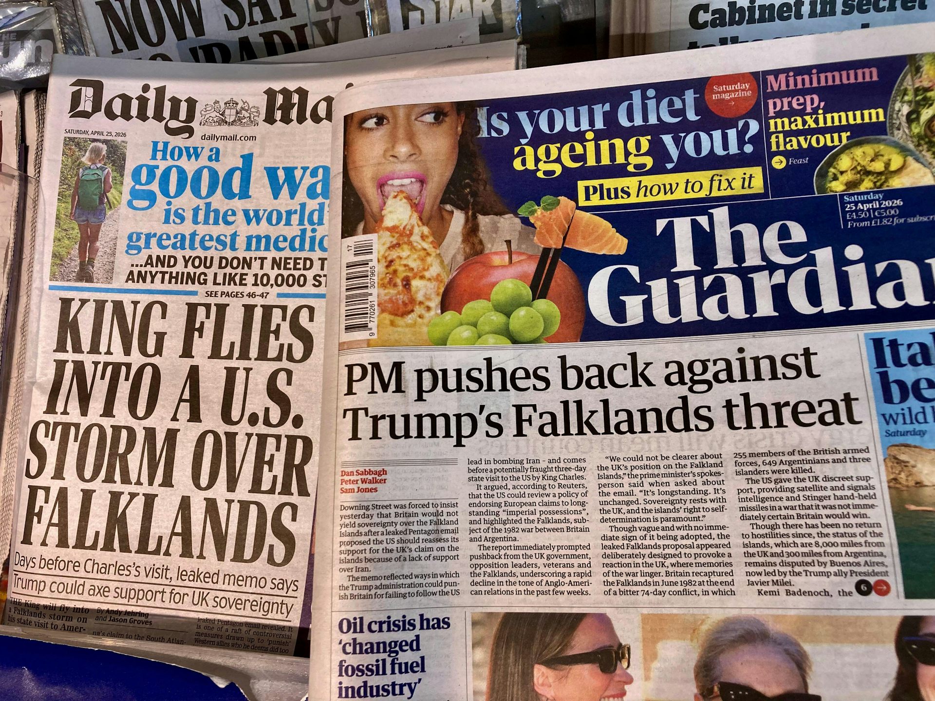 UK newspaper frpont pages report on Falkland Islands dispute, APril 2026.
