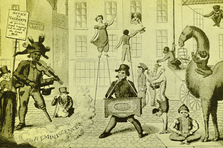 A circa 1830 engraving depicting British street entertainers.