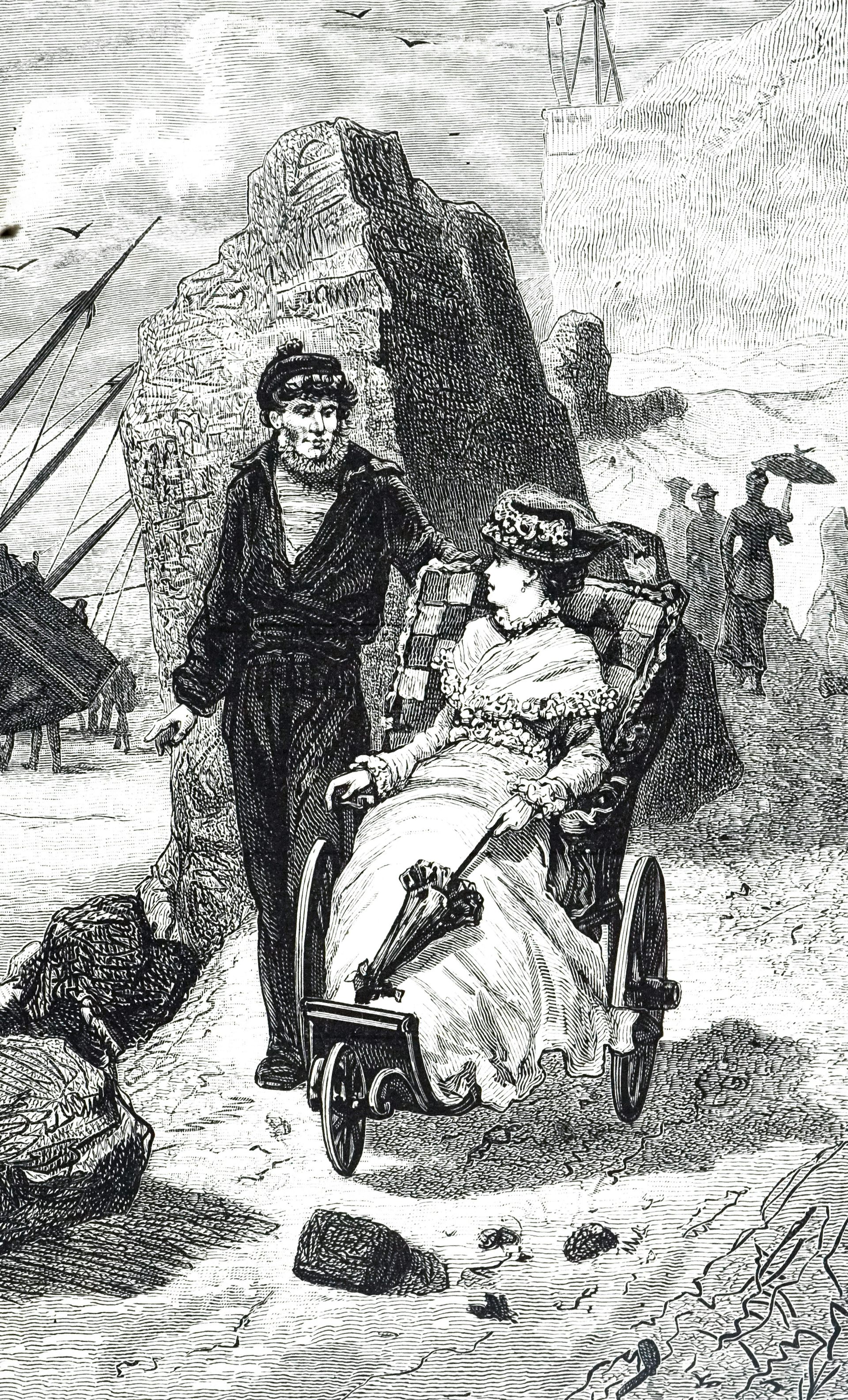 A 19th-century engraving depicting a woman sitting in a wheelchair.