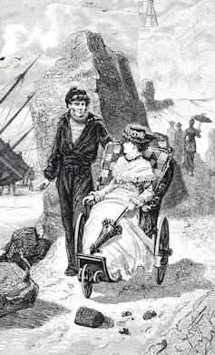 A 19th-century engraving depicting a woman sitting in a wheelchair.