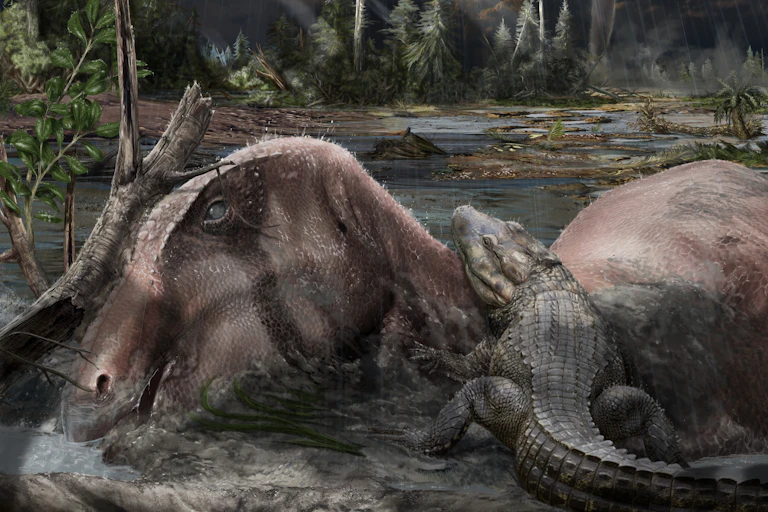 The artwork shows a carcass of the dinosaur Tethyshadros insularis and an Acynodon crocodyliform on a storm-swept tropical tidal flat, beneath the monsoon clouds and a distant cyclone