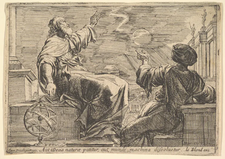 Dos filósofos observando un eclipse, en un grabado de Pierre Brébiette.