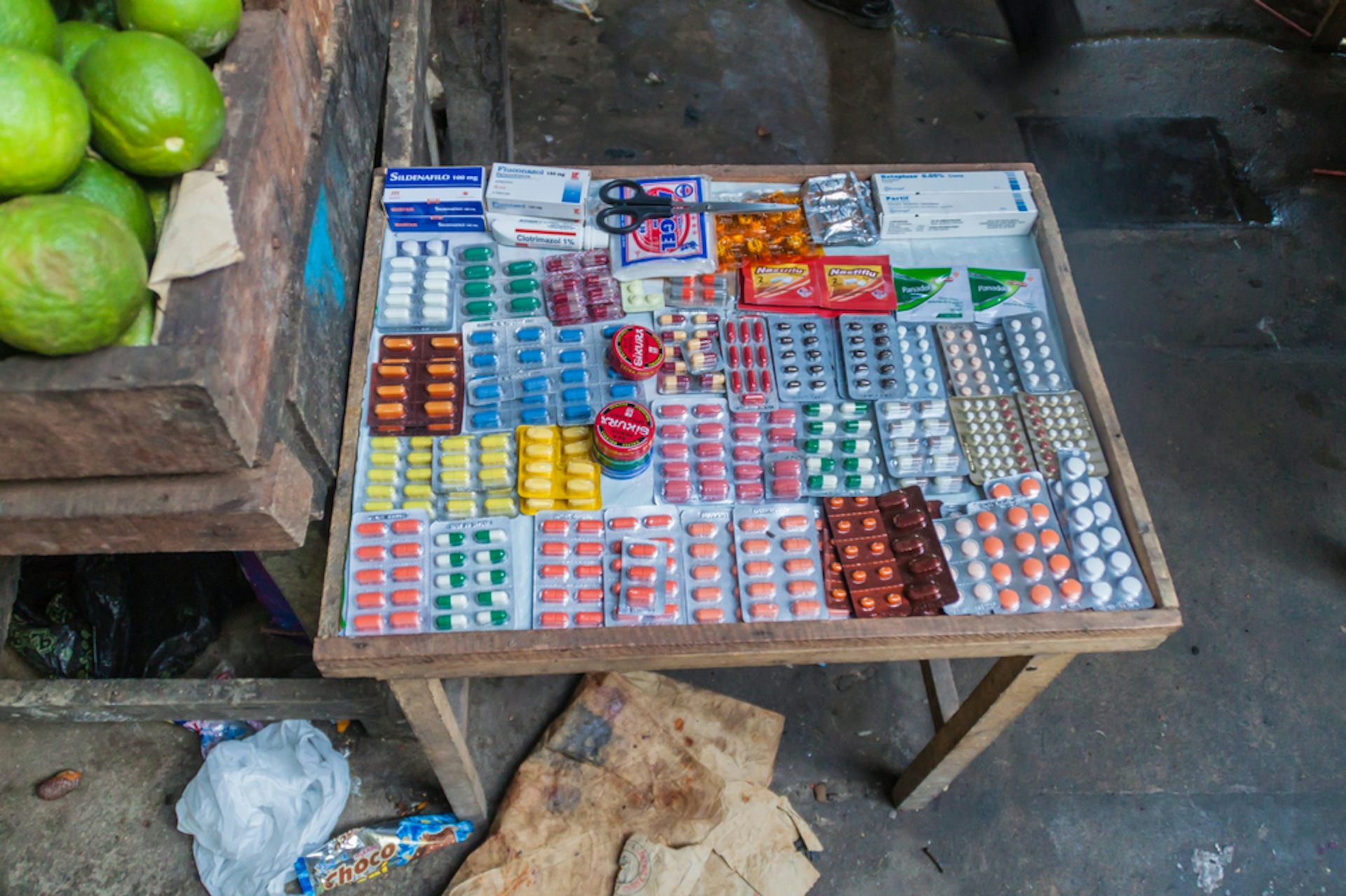 Pills for sale at a market stall in Iquitos, Peru.