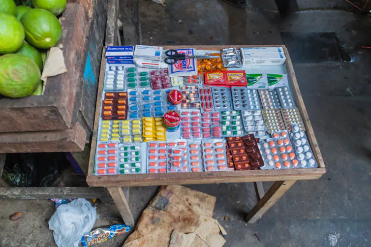 Pills for sale at a market stall in Iquitos, Peru.