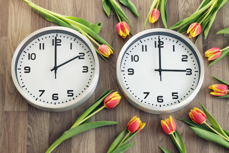 Two wall clocks side by side - one saying 2 o'clock and the other saying 3'oclock - with the latter surrounded by tulips