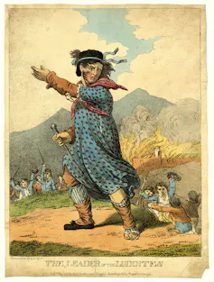Etching of a giant sized person standing in a countryside taller than many smaller people engaged in scuffles, some with swords, with a fire raging in the background.