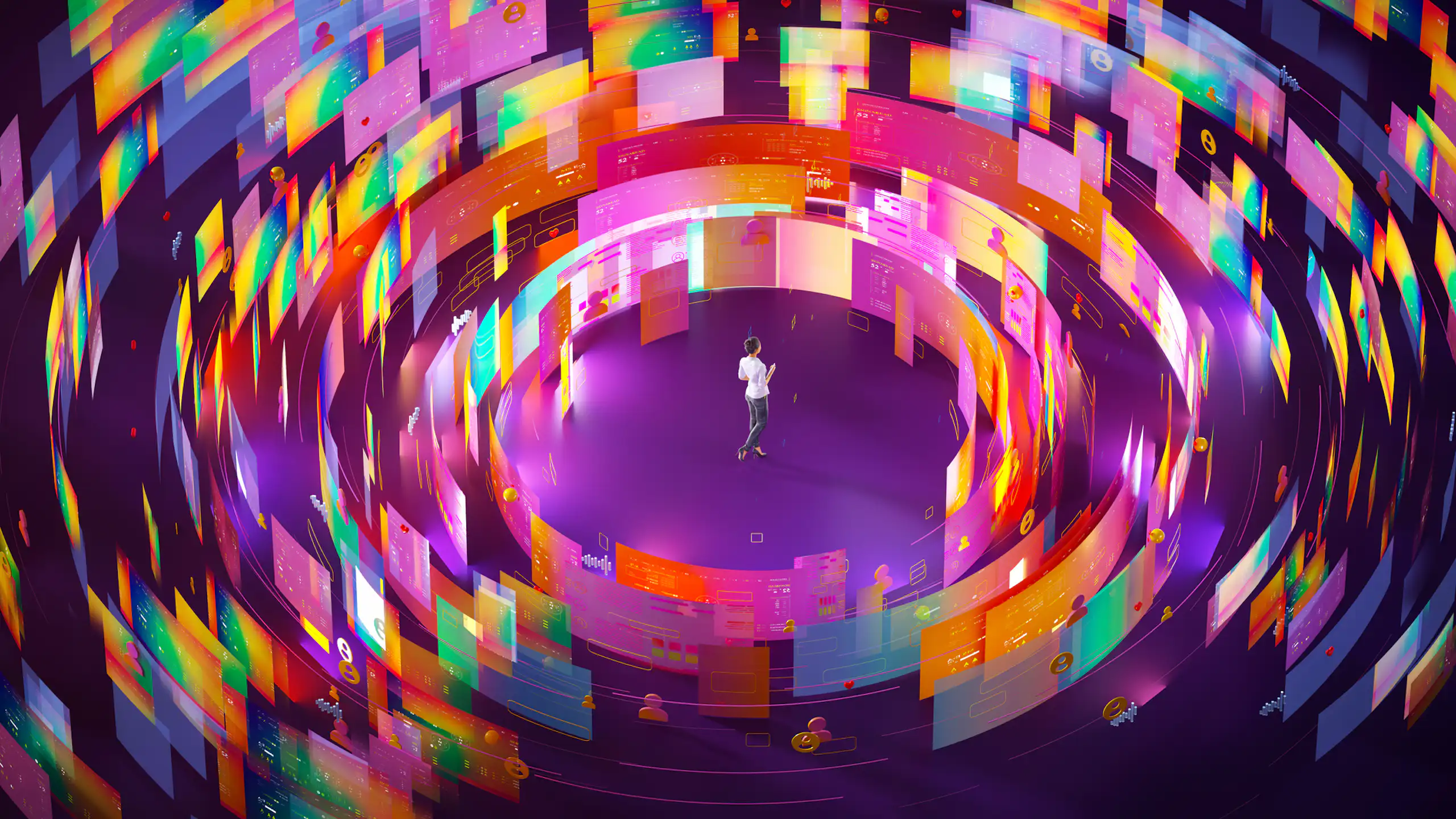 Illustration of a person in a swirling colourful virtual space surrounded by screens.