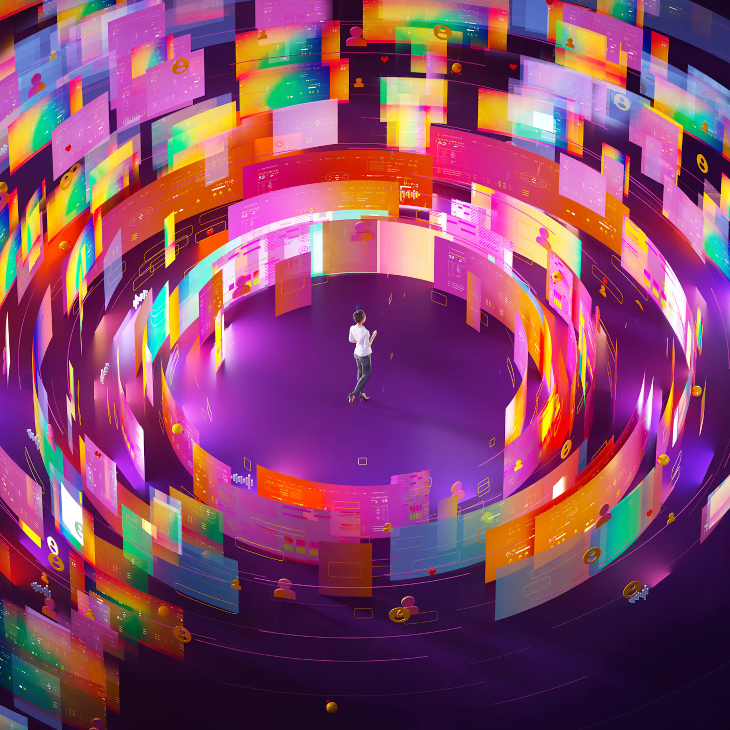 Illustration of a person in a swirling colourful virtual space surrounded by screens.