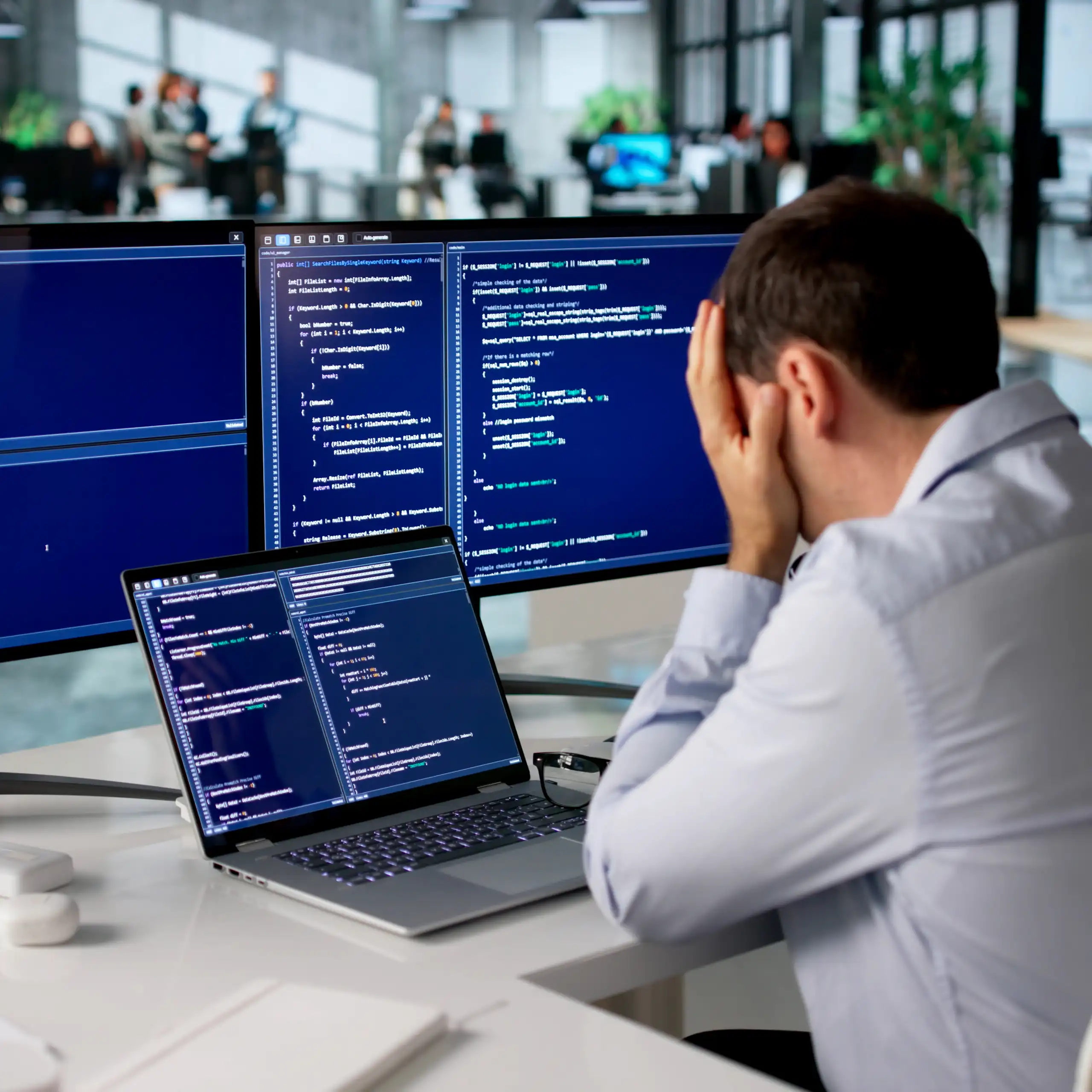 Coder fatigué devant un écran avec des lignes de code.