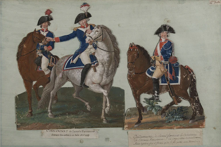Commandant de l'armée Parisienne donnant des ordres à un Aide de Camp. Gendarmerie à cheval.