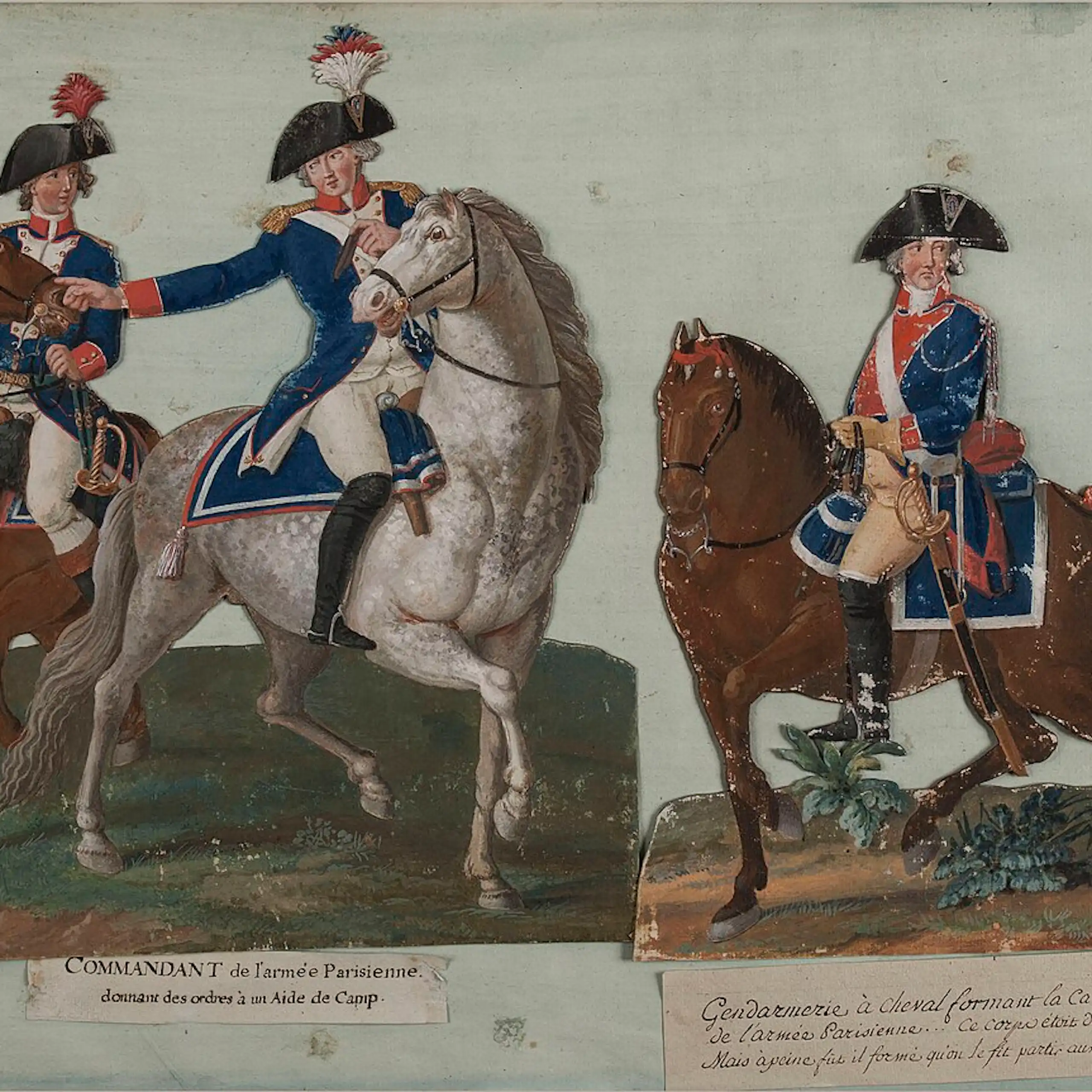 Commandant de l'armée Parisienne donnant des ordres à un Aide de Camp. Gendarmerie à cheval.