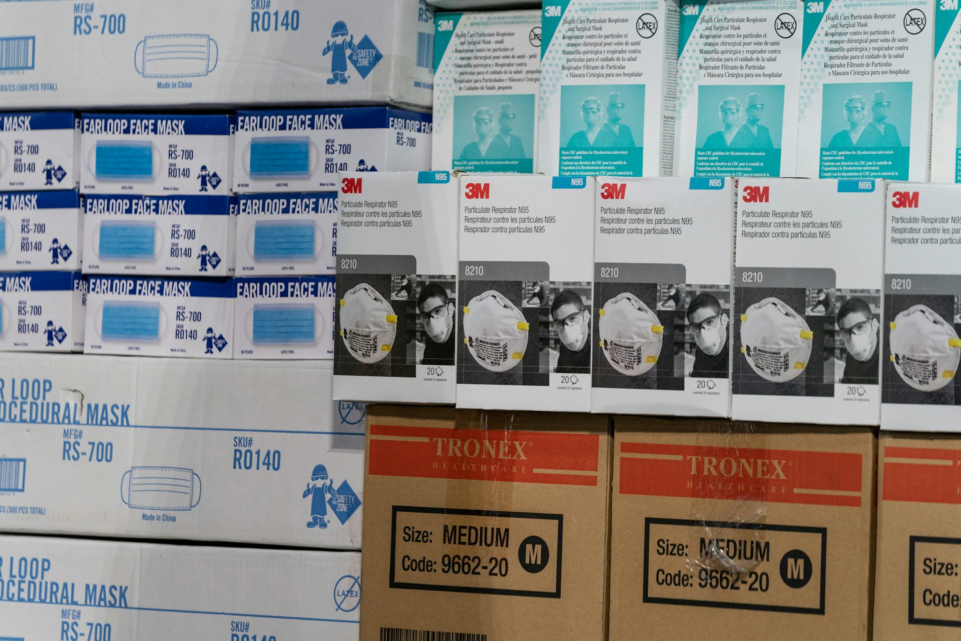 Boxes of new PPE supplies.