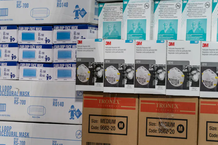 Boxes of new PPE supplies.