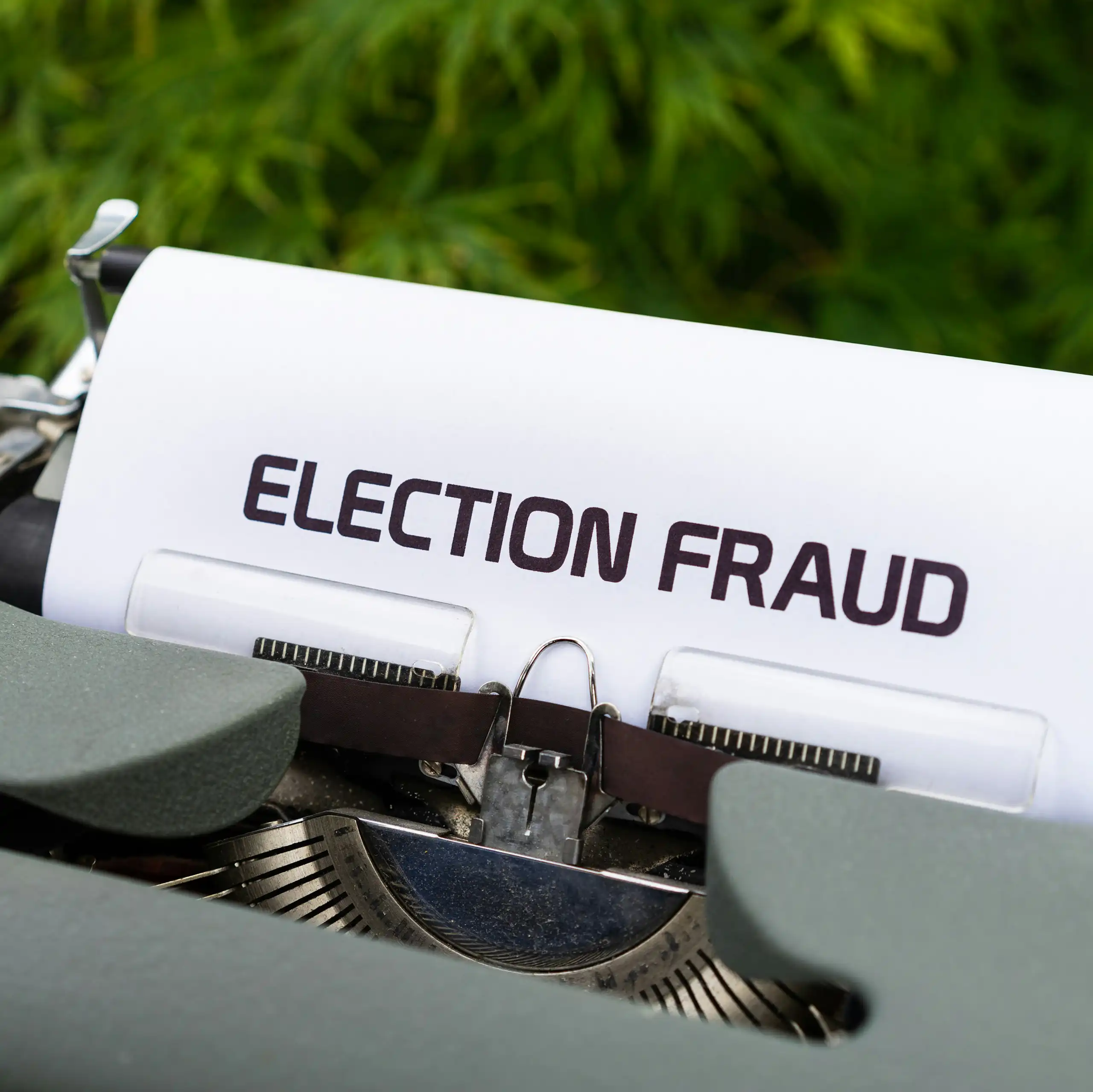 A typewriter with a piece of paper poking out halfway written 'election fraud'