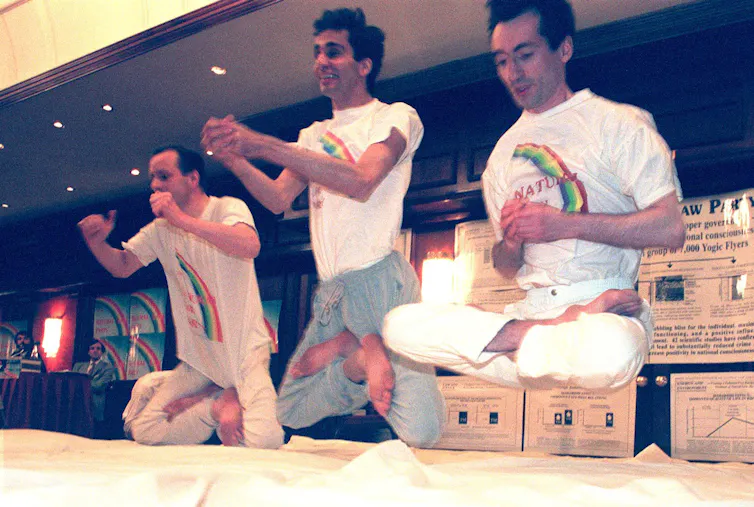 Members of the Natural Law Party demonstrate 'yogic flying' in 1997.