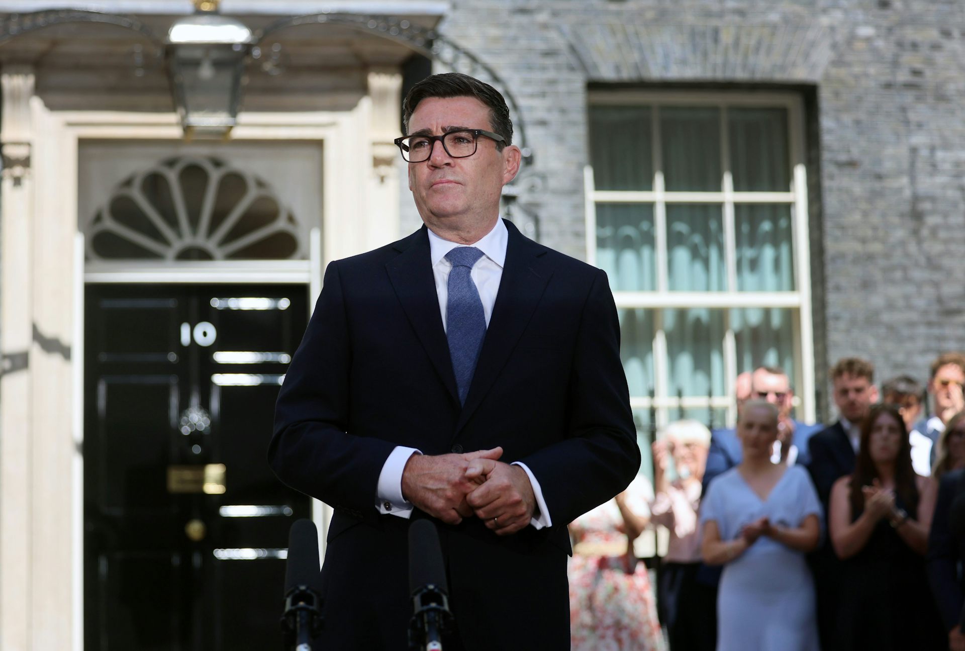 Burnham, speaking without a lectern, in front of Number 10