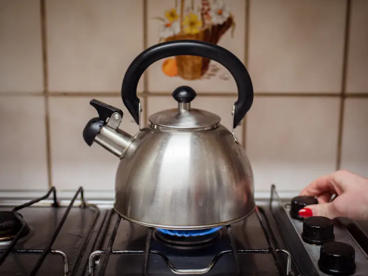 A kettle on a gas stove