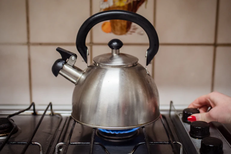 A kettle on a gas stove