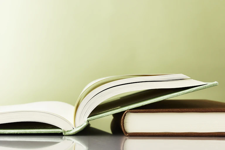 two books on a surface, one open and the other closed, seen end on