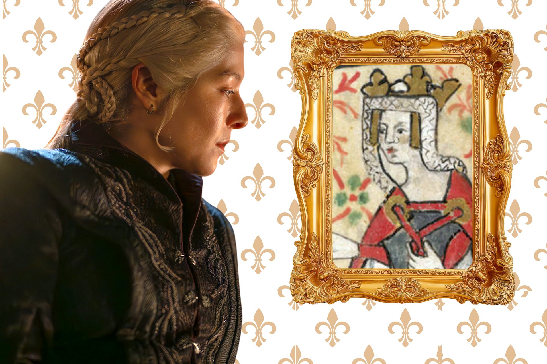 Emma D'Arcy en el papel de Rhaenyra Targaryen y un retrato del siglo XV de la emperatriz Matilda.