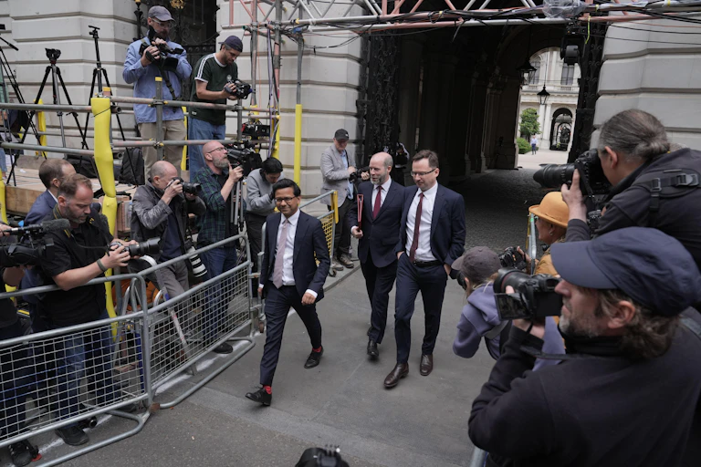 Left to right: The UK's new minister for AI, Kanishka Narayan, alongside business secretary Jonathan Reynolds and justice secretary Alex Norris, arriving in Downing Street for their first Cabinet meeting.