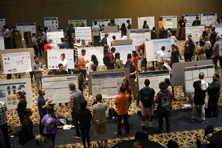 People attending poster session at a conference