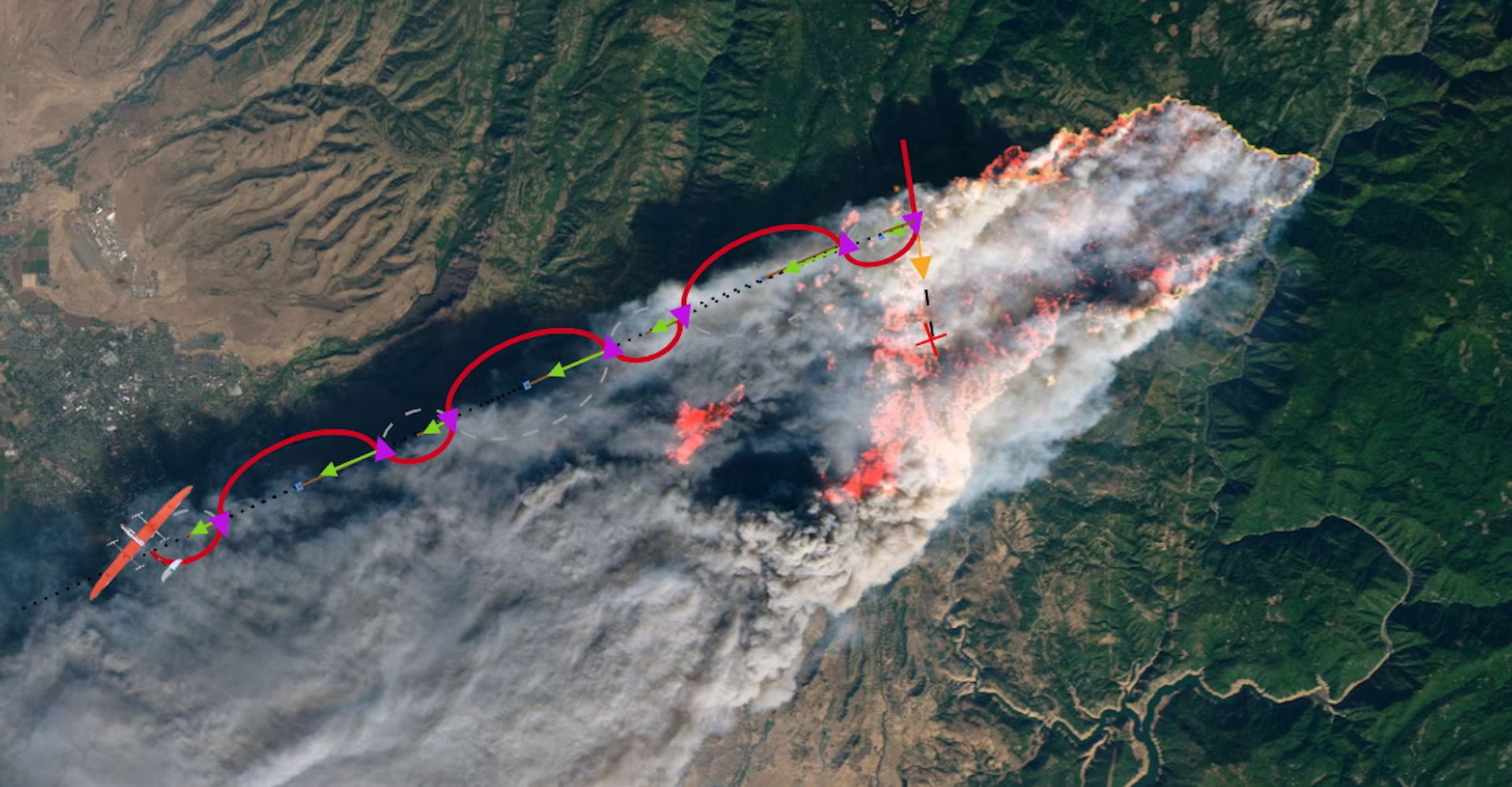 smoke plume and projected trajectory of the drone