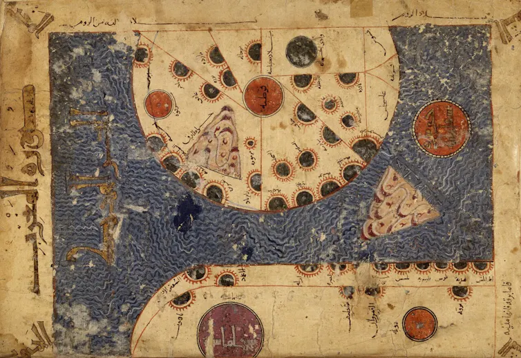 Mapa medieval de la península ibérica, representada como un círculo, y de la costa norte africana.