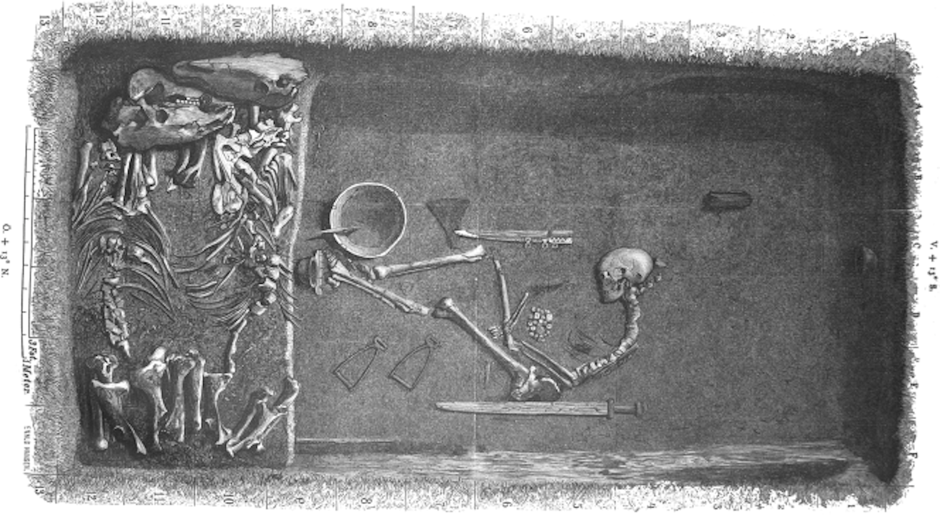 Grave goods in a black and white photo