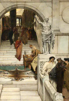 A painting of people meeting in a grand Roman home.
