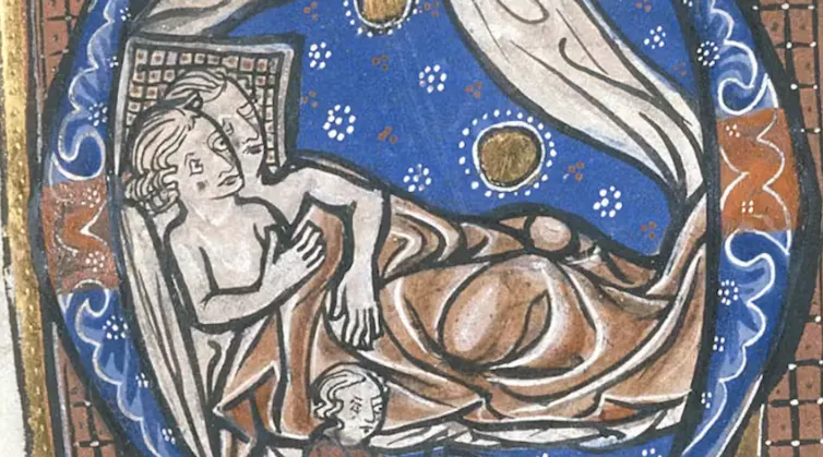 Medieval illustration of a nude couple in bed
