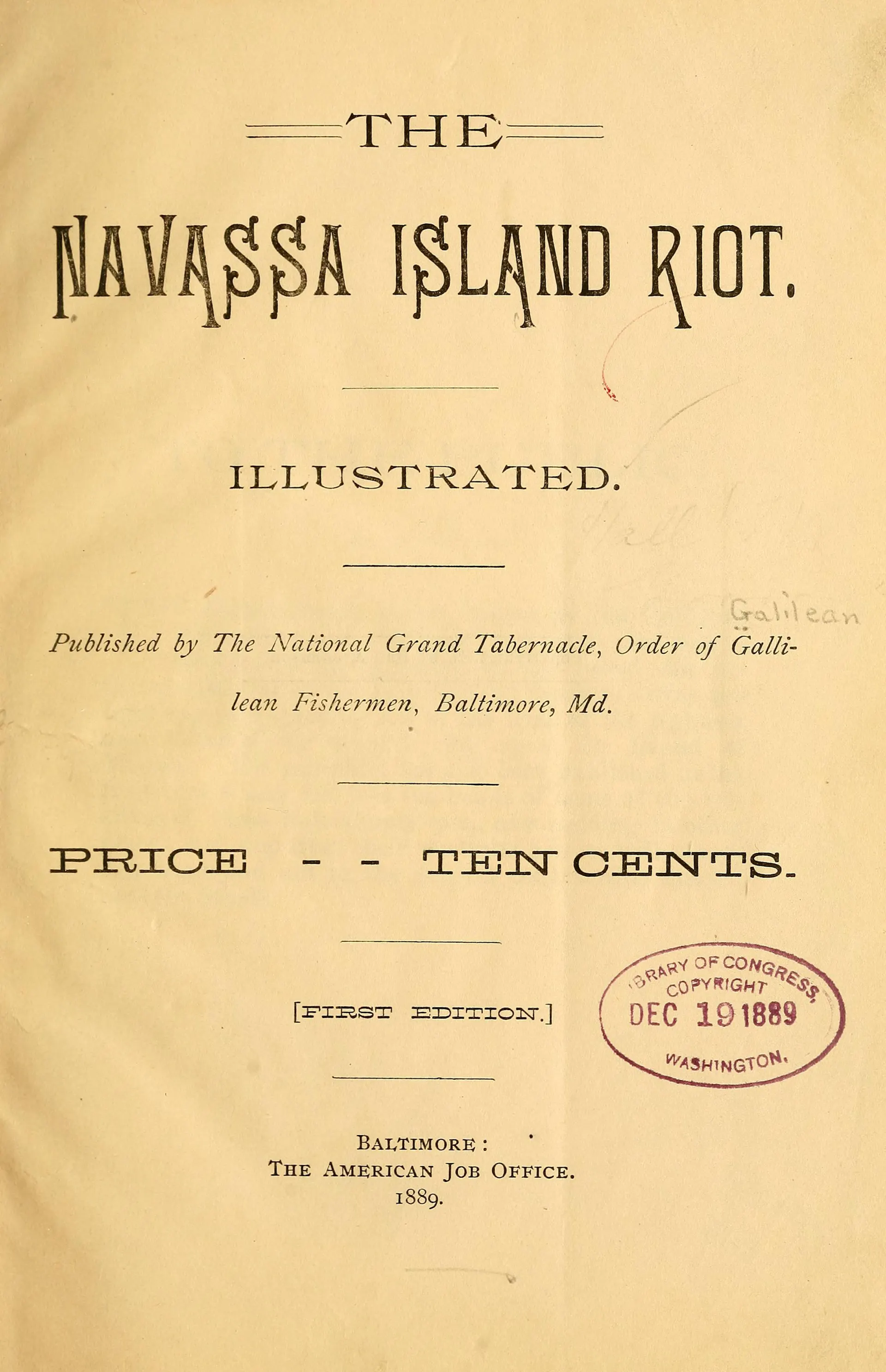 A printed cover sheet of a booklet reading 'The Navassa Island Riot.'