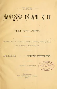 A printed cover sheet of a booklet reading 'The Navassa Island Riot.'