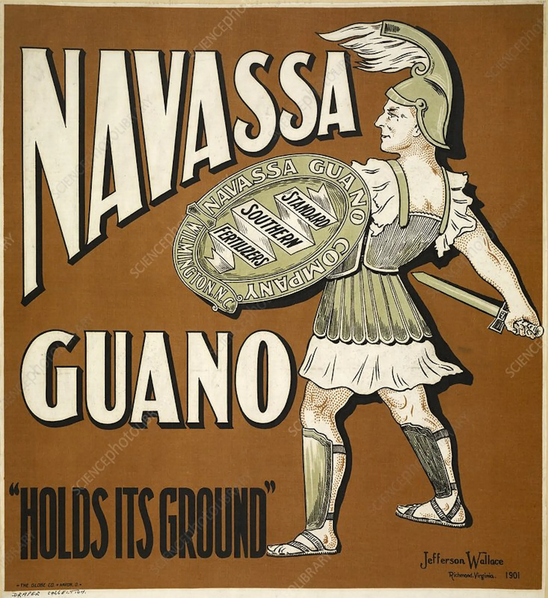 An image shows a medieval warrior with the words 'Navassa Guano holds its ground.'