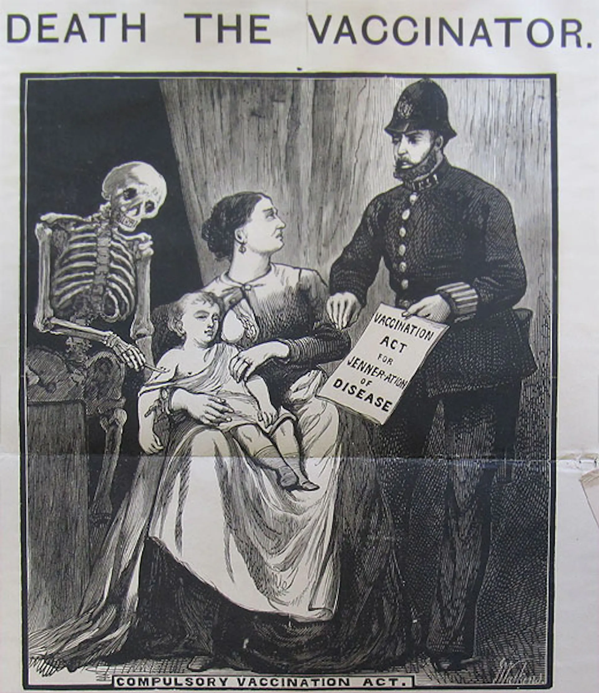 A black-and-white drawing of a woman sitting with a sick child on her lap, with a police officer on her right mandating her to vaccinate the child and a skeleton on her left looking dead, like skeletons do