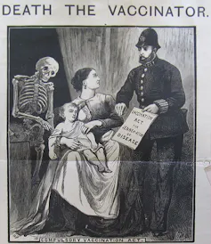 A black-and-white drawing of a woman sitting with a sick child on her lap, with a police officer on her right mandating her to vaccinate the child and a skeleton on her left looking dead, like skeletons do