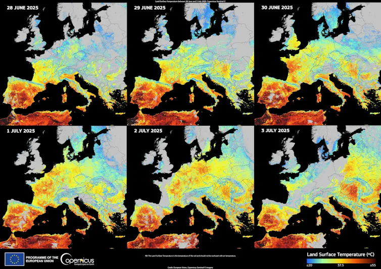 Seis imágenes de satélite que muestran la evolución de la temperatura de la superficie terrestre