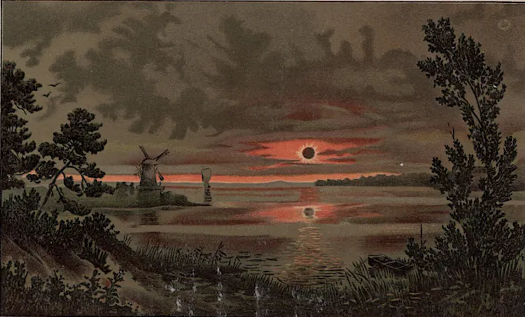 Pintura sobre un eclipse total de sol que muestra una corona solar resplandeciente que irradia hacia el exterior sobre un crepúsculo de color índigo intenso.