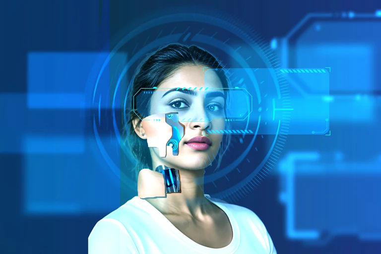 Woman and AI robotic concept.