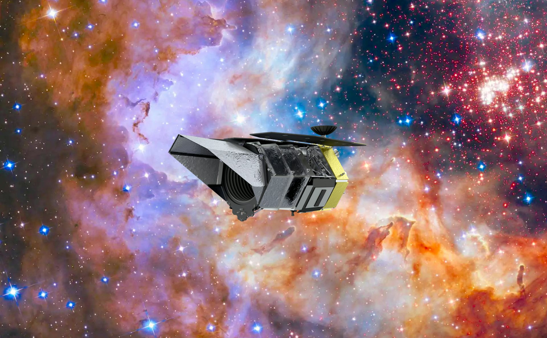 Ilustração do Telescópio Espacial Nancy Grace Roman tendo como pano de fundo imagem comemorativa do 25º aniversário do telescópio espacial Hubble.