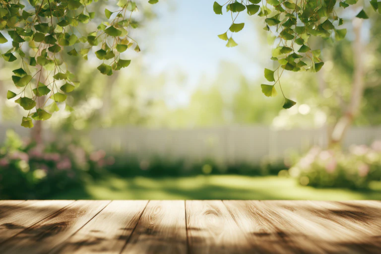 sunlit decking by green garden