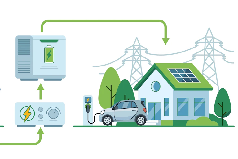 electric home with charging car and solar panels, graphic in blue green