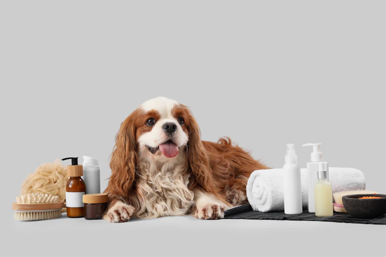 A cavalier surrounded by wellness products.