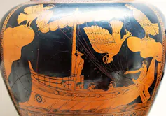 Odiseo resistiéndose al canto de las sirenas atado al mástil del barco, en una antigua vasija griega.