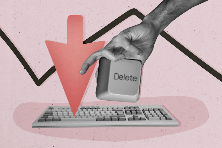 Illustration of a hand holding a large 'delete' computer key above a keyboard