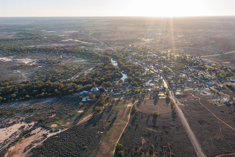 An aerial image of Wilcannia and the Darling/Baaka River in New South Wales.