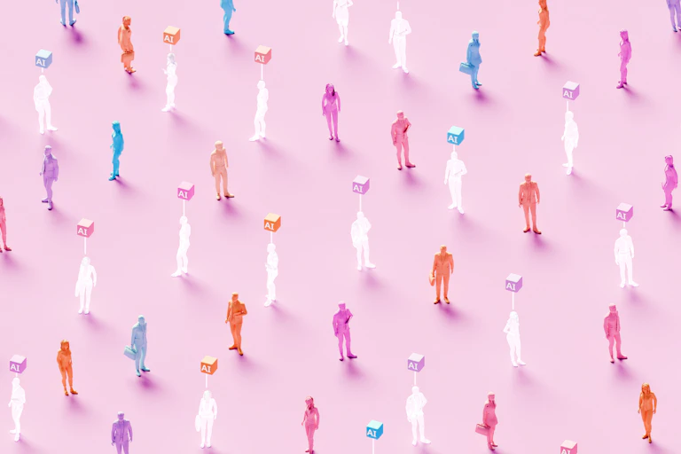 conceptual illustration of business figures evenly scattered across a soft pink background, some human, some AI