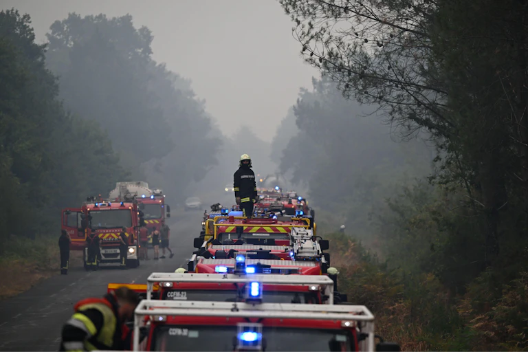 firefighter stands on top of fire truck, in queue of fire engines, smoky air by trees