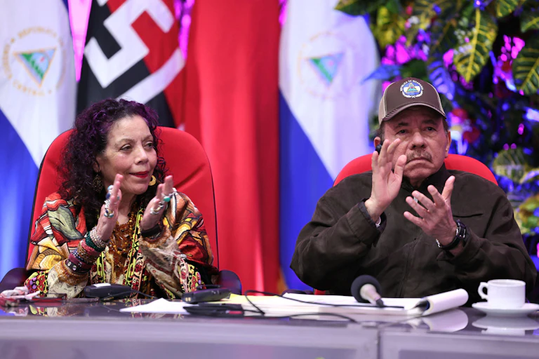 Nicaraguan president Daniel Ortega with his wife and co-president, Rosario Murillo, in 2024.